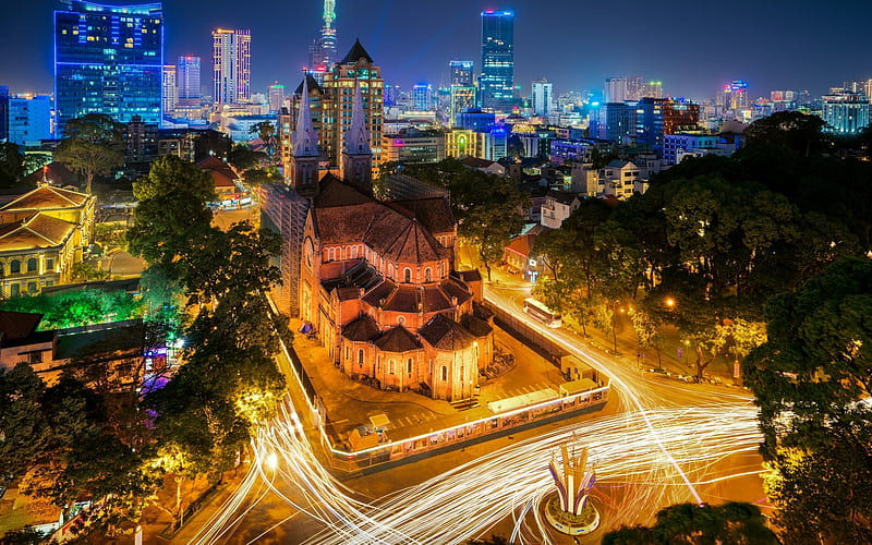 night, cityscape, Vietnam, catholic church, city lights, panorama, HD wallpaper