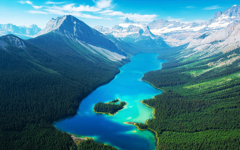 Marvel Lake, Kananaskis, Alberta, sky, mountains, lake, island, clouds, canada, HD wallpaper