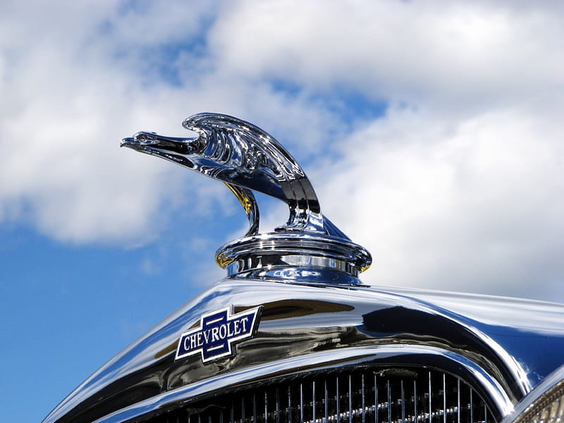 Old Chevrolet Hood Ornament, hood, chrome, sky, clouds, bird, car, classic, white, ornament, blue, HD wallpaper
