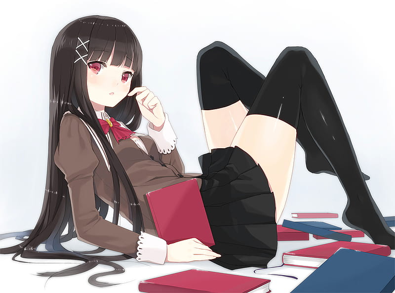 anime, school, dress, uniform, red eyes, black hair, HD wallpaper
