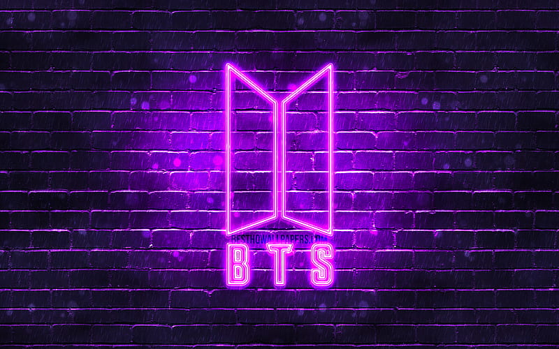 BTS violet logo Bangtan Boys, violet brickwall, BTS logo, korean band, BTS neon logo, BTS, HD wallpaper