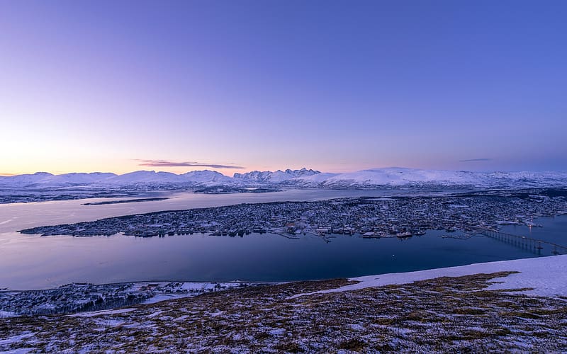 Coastline Town Snow Mountains Horizon Tromso Norway, HD wallpaper