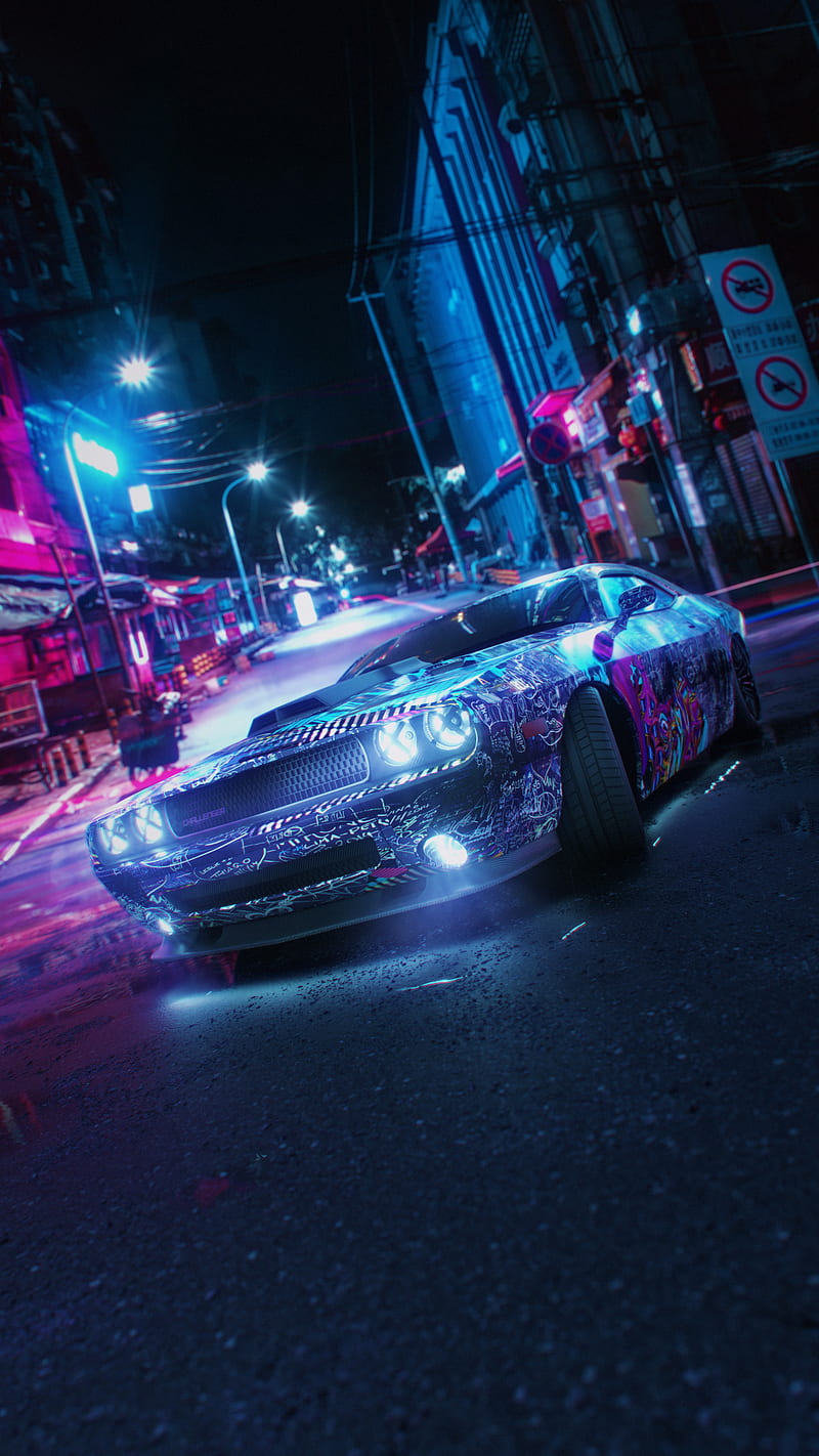 Challenger dodge, Night, blue, car, city, glow, neon, purple, HD phone wallpaper