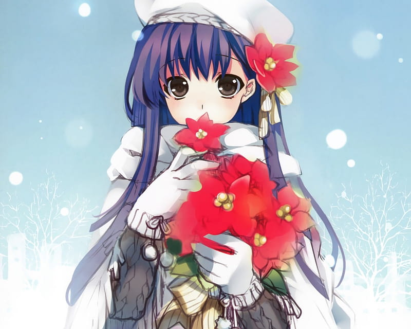 Excuse me?, scarf, flowers, shy, anime, HD wallpaper