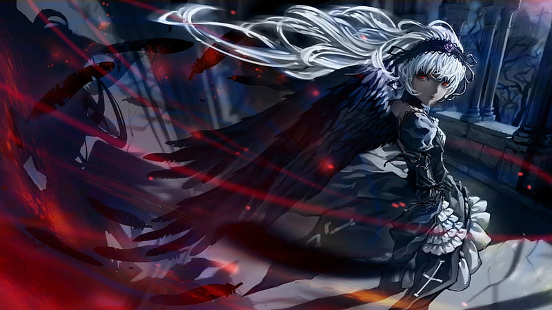 Raven-Winged Anime Girl, red, hair, bloody, raven, anime, eyes, whit,  blood, HD wallpaper | Peakpx