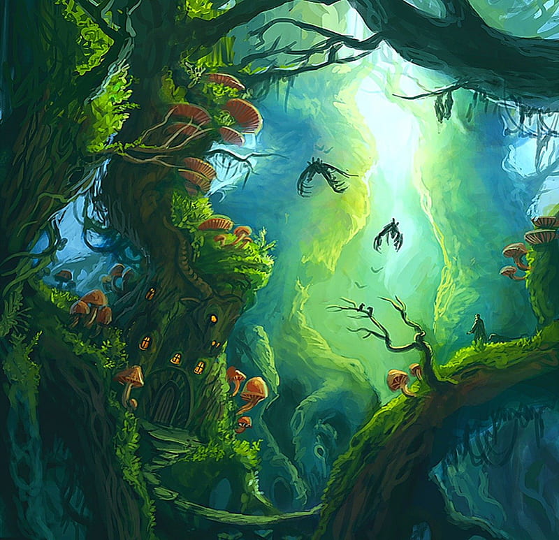 Forest of dreams, colorful, mushroom, bonito, magic, saga, splendor, green, love, color, jungle, forest, fairyland, lovely, elf, houses, colors, belle, trees, dark, nature, history, landscape, HD wallpaper