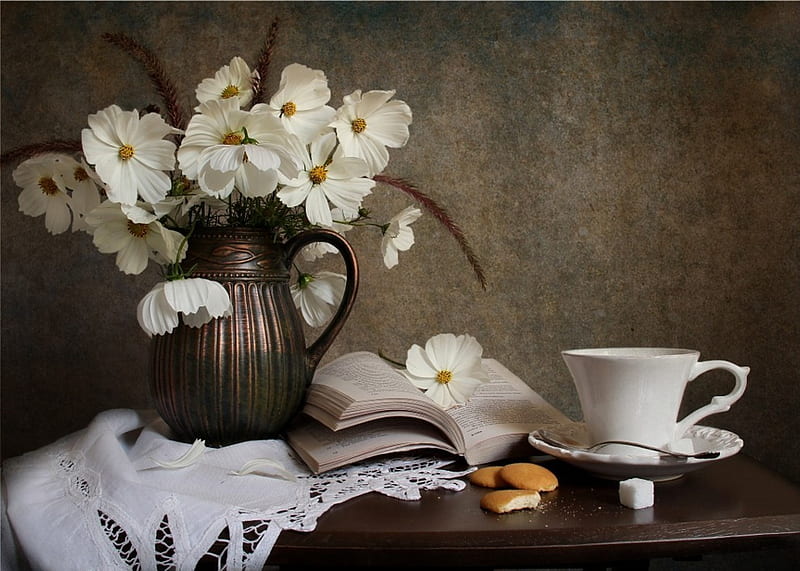 still life, pretty, lace, book, bonito, tea, graphy, nice, jug, flowers, drink, beauty, harmony, amazing biscuit, lovely, romance, sugar, cube, delicate, elegantly, cool, bouquet, coffee, cup, flower, petals, white, HD wallpaper