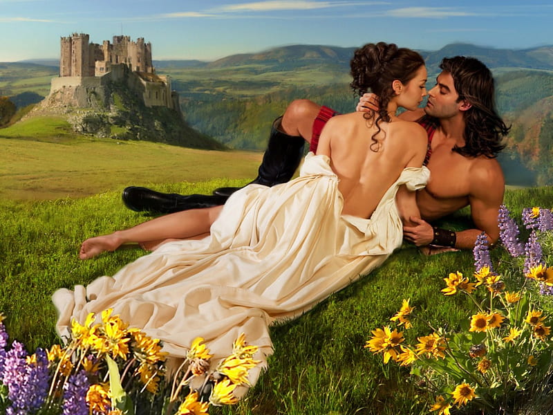 Romantic.., romantic, flowers, sitting, man, castle, hill, woman, kiss, HD wallpaper