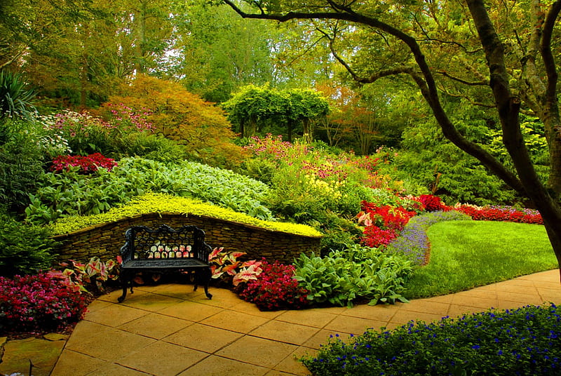 Gibbs gardens, rest, relax, greenery, bench, bonito, park, trees, alleys, paradise, flowers, garden, HD wallpaper