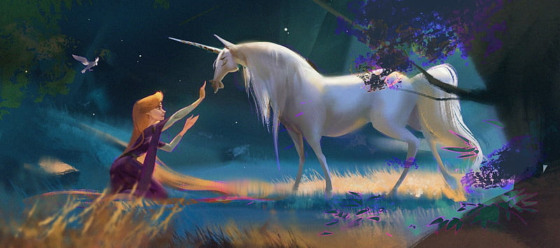 Girl and unicorn, unicorn, art, fantasy, luminos, girl, tea me, teame, HD wallpaper