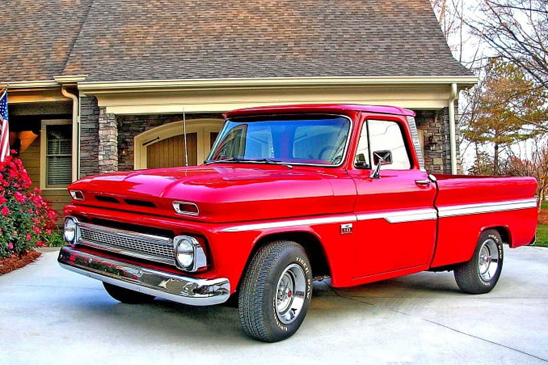 1920x1080px, 1080P free download | Bright Red 1966 Chevy Pickup Truck ...