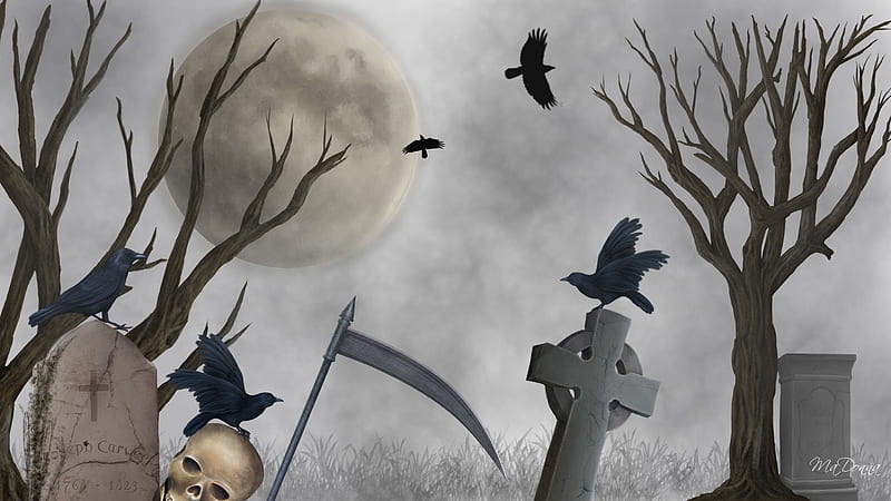 Haunting, mystical, death, crows, halloween, firefox persona, fog, celtic cross, mist, ravens, dead trees, gravestones, full moon, HD wallpaper