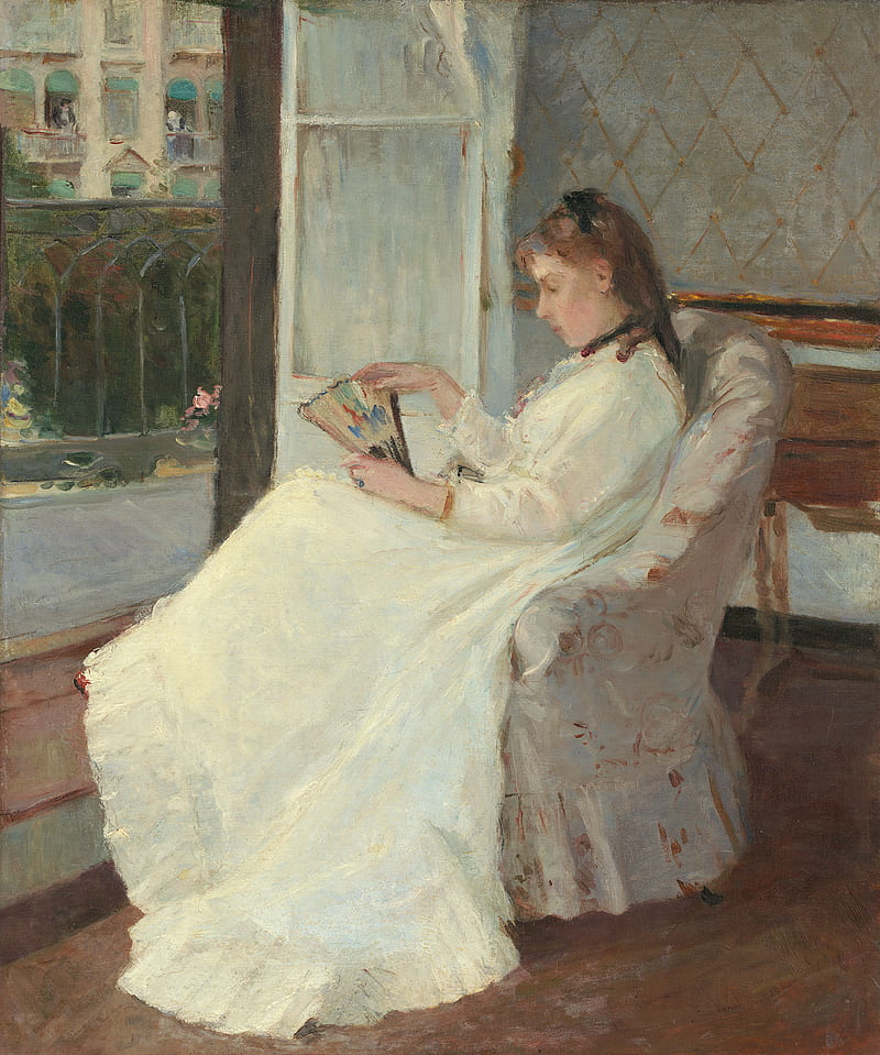 painting, artwork, impressionism, Berthe Morisot, balcony, chair, women, white dress, white, HD phone wallpaper