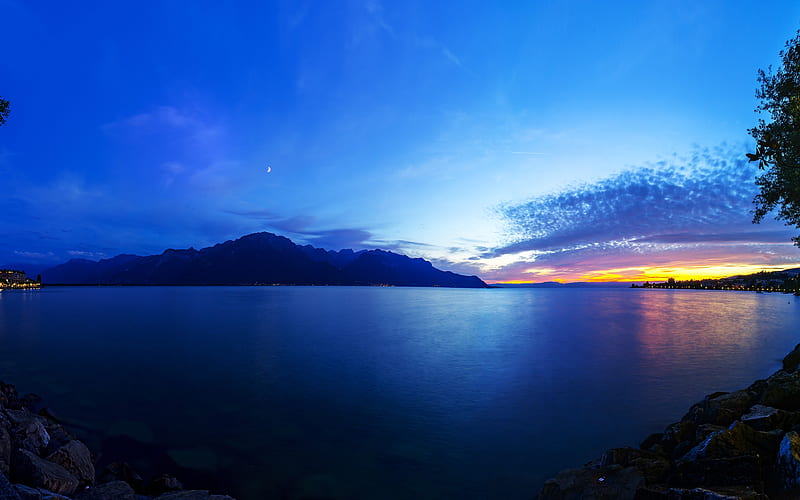 Summer Geneva Lake Evening Blue Sky Horizon, HD wallpaper