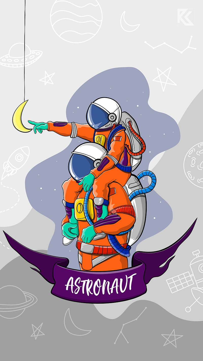 Astronaut Family, cute, drawing, illustration, life, love, moon, ravi koranga, space, HD phone wallpaper