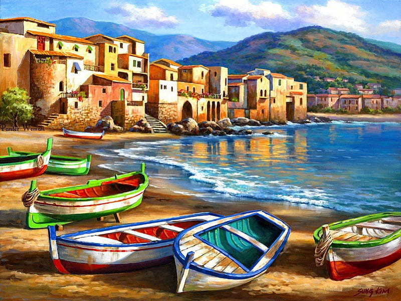 Rowboats on the beach, pretty, colorful, shore, bonito, clouds, sea, mountain, nice, boats, painting, village, reflection, mediterranean, art, lovely, town, waves, country, sky, lake, peaceful, nature, coast, HD wallpaper