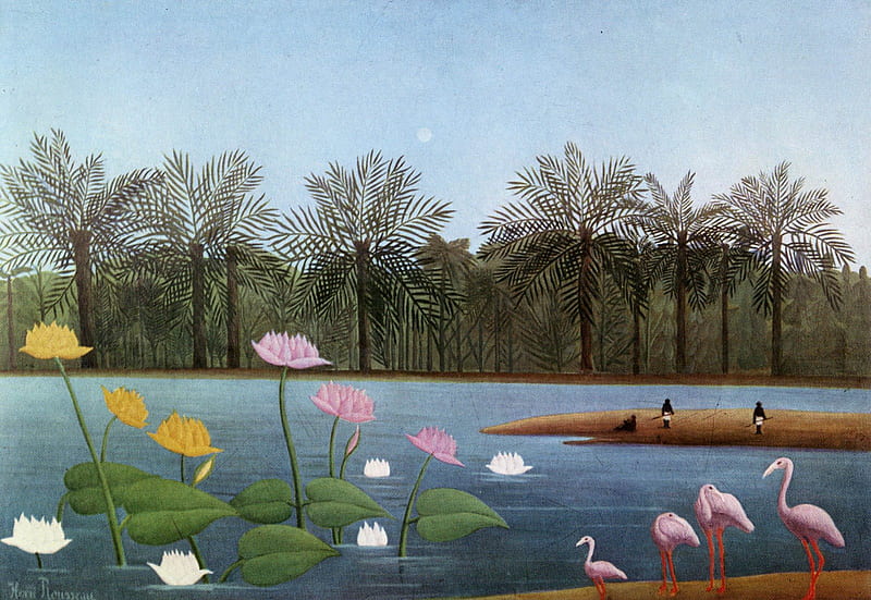 Henri Rousseau ~ Le Douanier (detail), art, lotus, naive, yellow, abstract, tree, water, pink birds, painting, summer, aqua, henri rousseau, le douanier, white, HD wallpaper