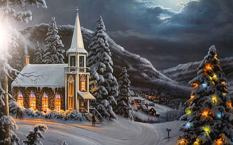Christmas Church, building, holidays, christmas, Religious, mountains, celebration, Church, winter, HD wallpaper