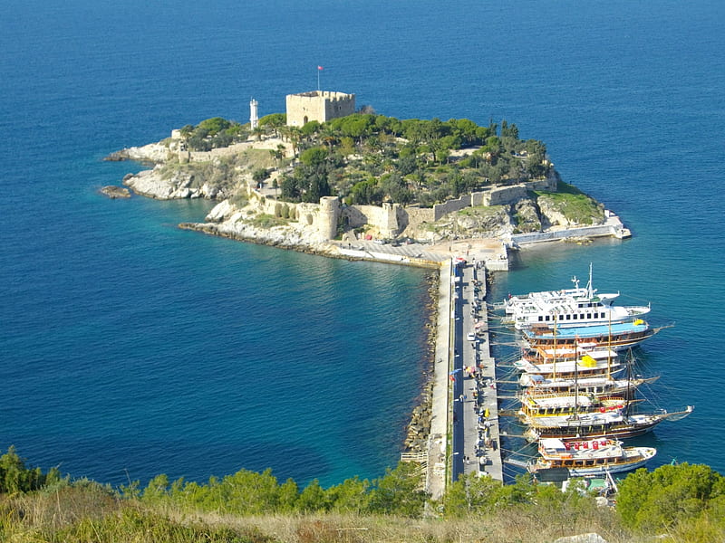 Kusadasi Turkey, fortress, boats, pigeon island, kusadasi, HD wallpaper