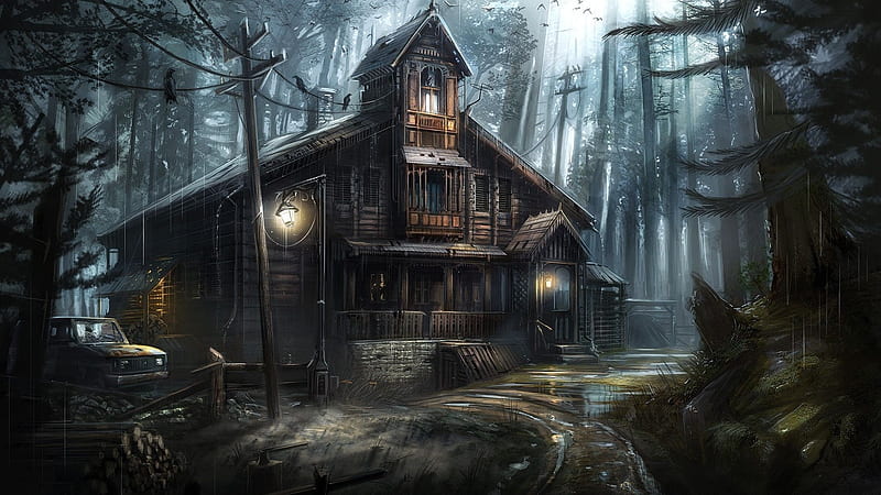 Haunted House Horror, fantasy, dark, forest, arts, crows, black, HD wallpaper