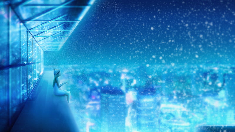 anime girl, edge, first snow, beanie, night, Anime, HD wallpaper