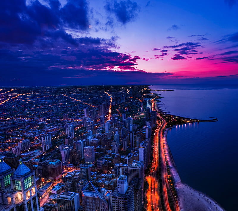 Purple City, chicago, sky, sunset, HD wallpaper