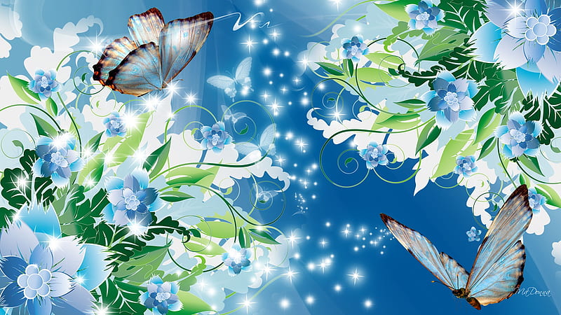 Butterfly Blues IV, stars, butterfly, flowers, firefox persona, blue ...