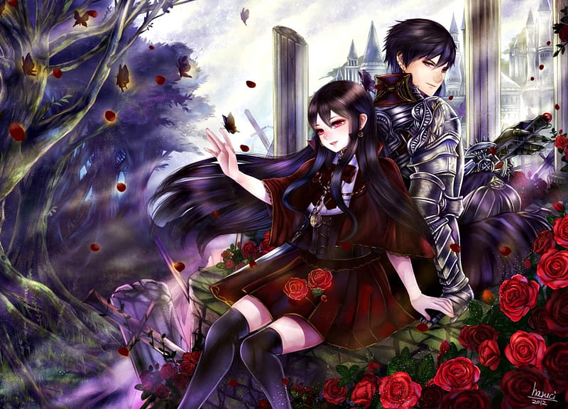 Anime couple, red, guy, rose, manga, man, haruci, girl, purple, anime, flower, castle, couple, HD wallpaper