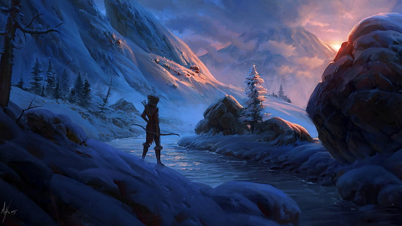 Skyrim, elf, michal kus, iarna, winter, art, luminos, sunset, fantasy, girl, pink, blue, HD wallpaper