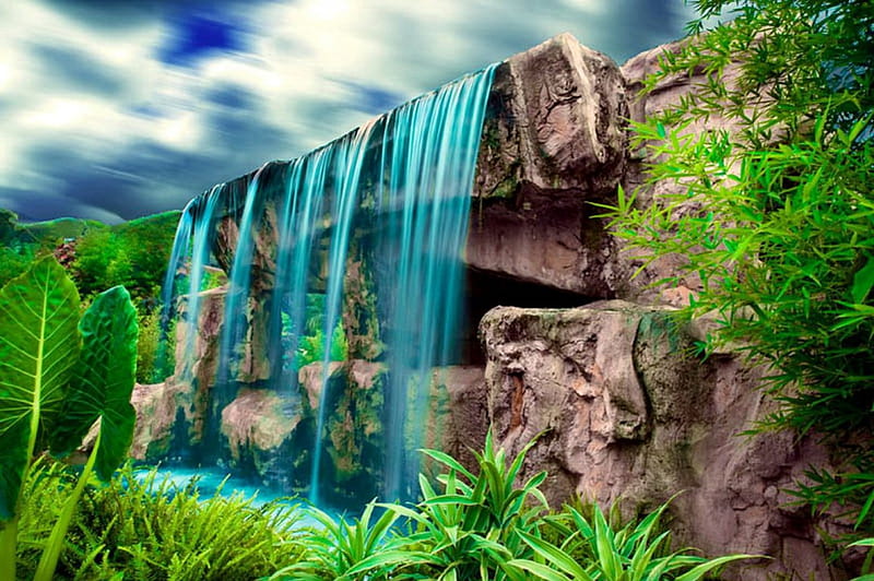 Exotic waterfall, rocks, exotic, lovely, grass, falling, bonito, sky, clouds, plants, waterfall, HD wallpaper