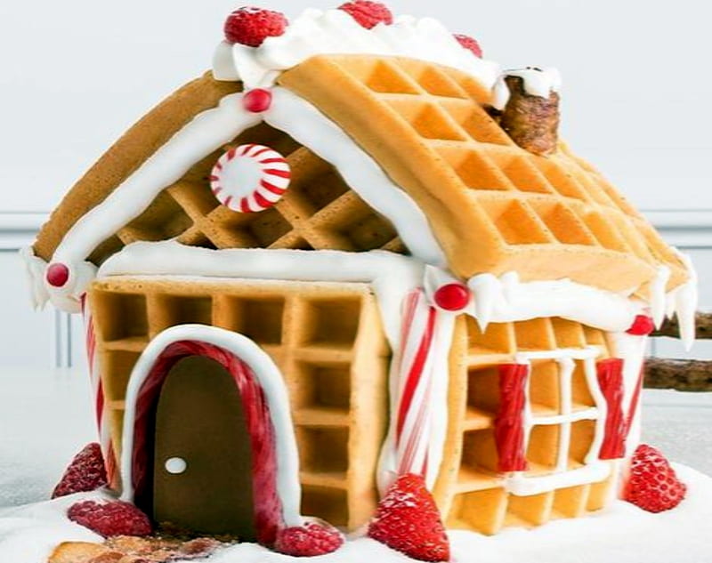 Candy Gingerbread House with Strawberries, Candy, House, Strawberries, Gingerbread, HD wallpaper
