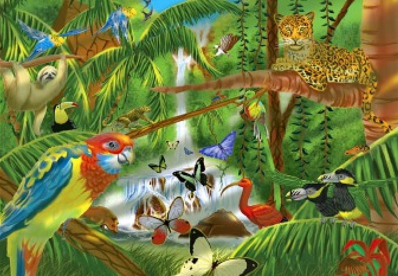 Rainforewst, leopard, parrot, monkey, leaves, wild, painting, jungle, waterfall, animals, art, exotic, greenery, birds, butterflies, trees, palms, rainforest, HD wallpaper