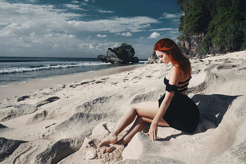 Redhead Girl Sitting On Beach Black Clothing , redhead, girls, model, black-dress, beach, sand, HD wallpaper