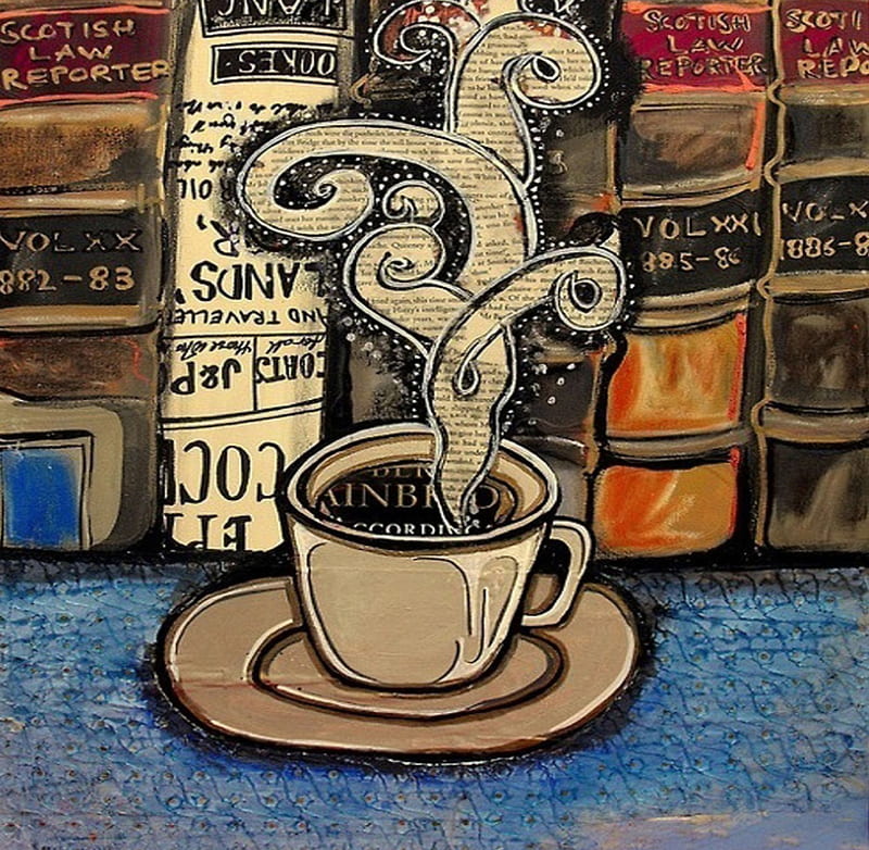 Books and coffee in art, art, coffee, books, textbooks, hot, cup, drink, tea, HD wallpaper