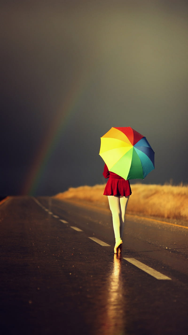 rainbow, girl, road, umbrella, HD phone wallpaper