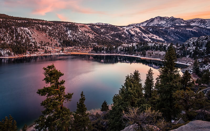 June Lake, mountains, Mono County, sunset, California, USA, America, HD wallpaper