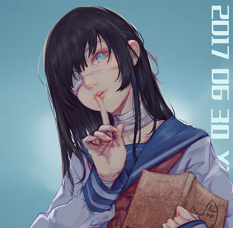anime school girl, eye patch, brown hair, shhh, Anime, HD wallpaper