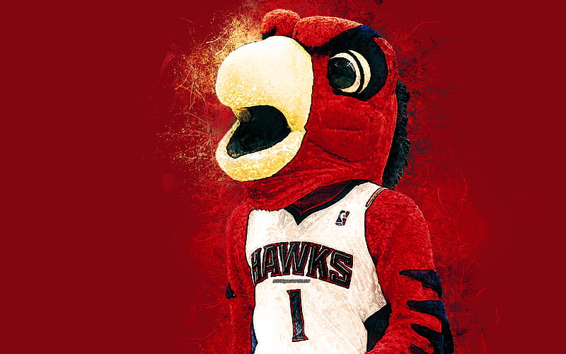 Harry The Hawk, official mascot, Atlanta Hawks art, NBA, USA, grunge art, symbol, red background, paint art, National Basketball Association, NBA mascots, Atlanta Hawks mascot, basketball, HD wallpaper