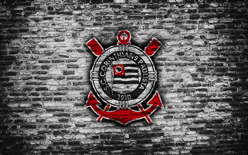 FC Corinthians emblem, Brazilian Seria A, grunge, soocer, Brazil, Corinthians, football club, brick texture, Corinthians FC, HD wallpaper