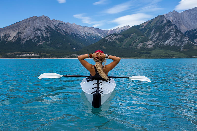 kayak, boat, girl, mountains, sea, HD wallpaper