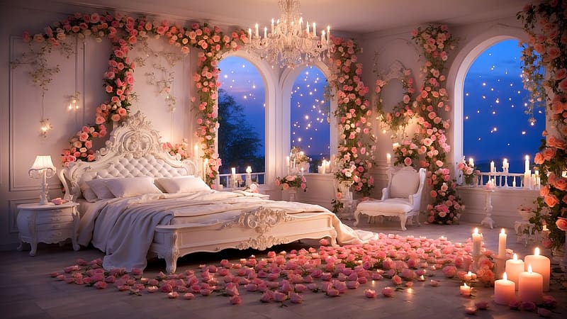 :), blue, valentine, rose, candle, night, bedroom, petals, pink, room, HD wallpaper