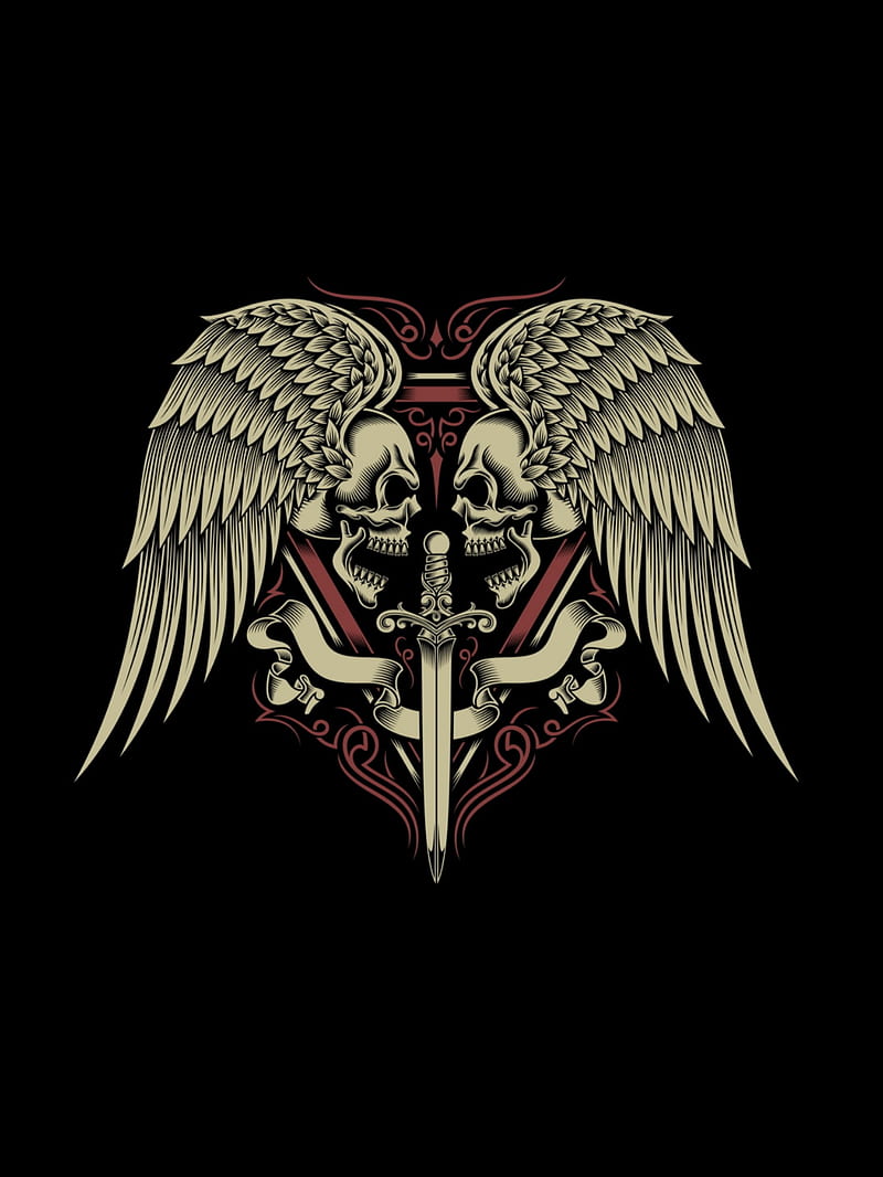 Double skull, wings, dagger, red, black, HD phone wallpaper