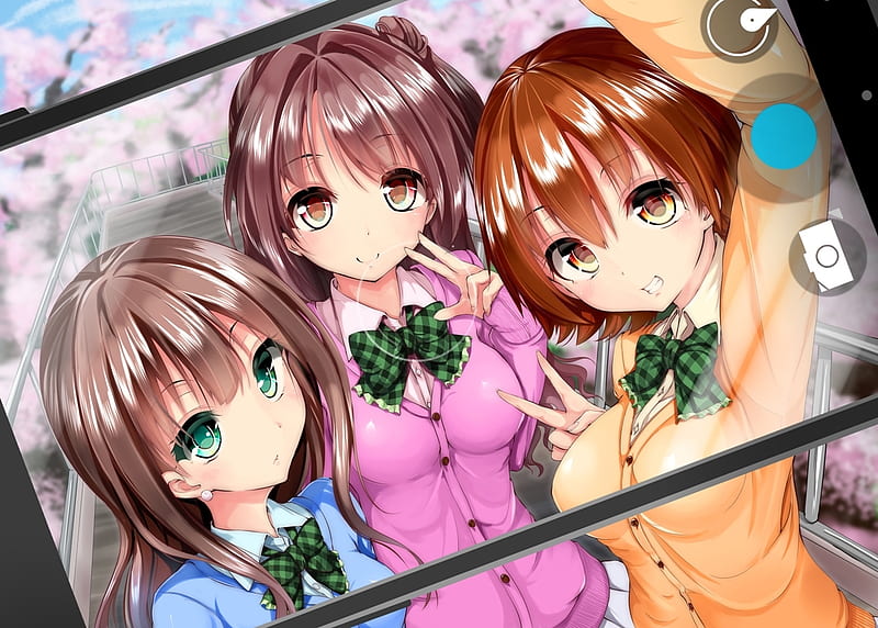 Anime girls, foto, cellphone, selfie, HD wallpaper