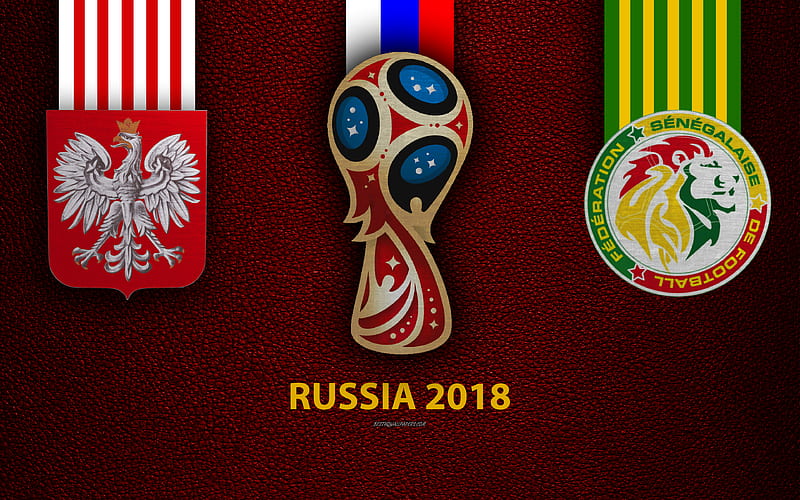 Poland vs Senegal Group H, football, 19 June 2018, logos, 2018 FIFA World Cup, Russia 2018, burgundy leather texture, Russia 2018 logo, cup, Poland, Senegal, national teams, football match, HD wallpaper