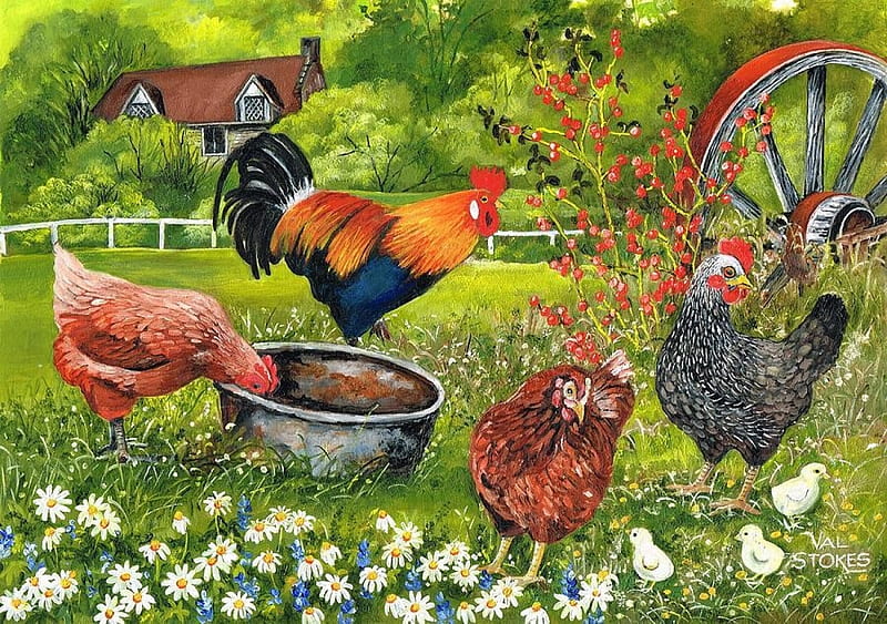 Cock of the walk, rooster, hens, chicken, painting, garden, artwork, HD wallpaper