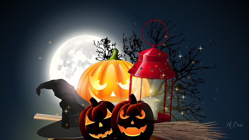 Halloween Moon, lantern, halloween, trees, broom, witch hat, jack-o-lantern, pumpkin, full moon, light, HD wallpaper