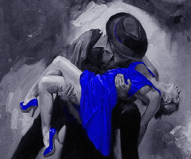 Passion..., dancers, art, dress, man, woman, two colors, dance moves, painting, shoes, blue, HD wallpaper
