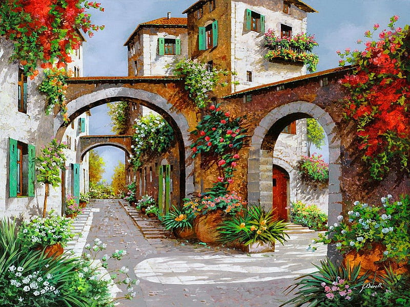 Arch of flowers, pretty, colorful, art, lovely, town, bonito, roses, nice, arch, stone, painting, summer, flowers, village, nature, street, HD wallpaper