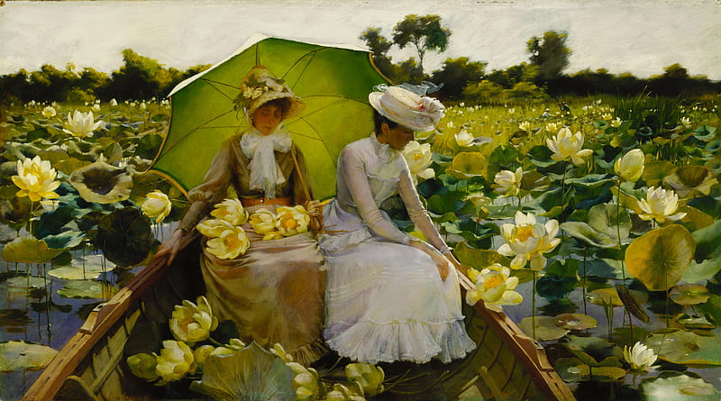 Lotus lillies, people, yellow, painting, girls, women, lake, pretty, boat, lillies, HD wallpaper
