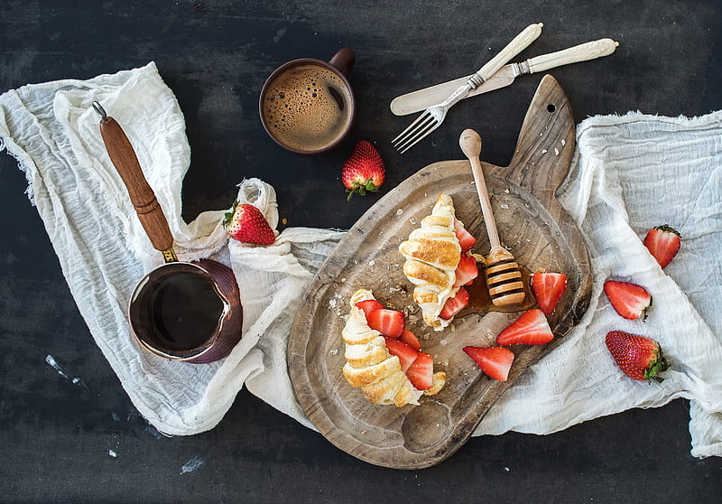 Food, Breakfast, Berry, Coffee, Croissant, Cup, Still Life, Strawberry, HD wallpaper